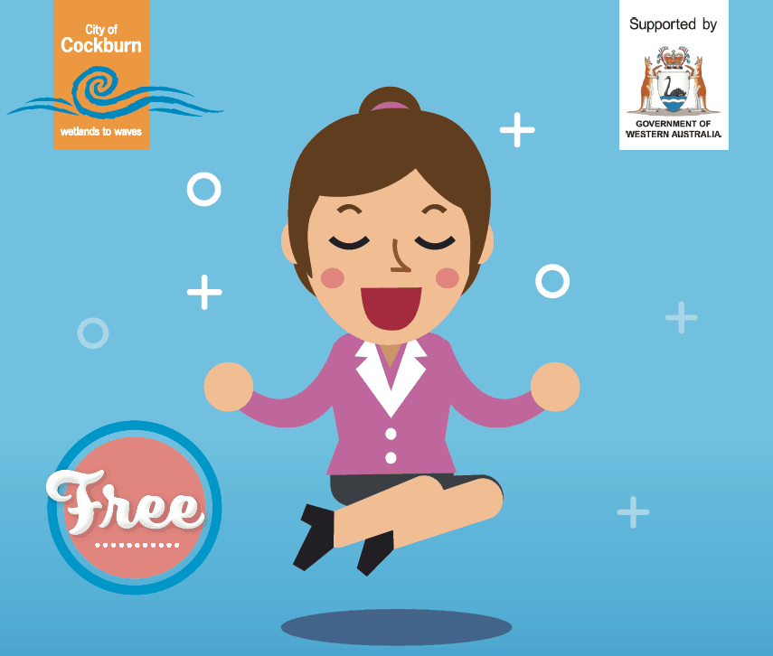 A woman in a business suit is doing yoga in front of a blue background.